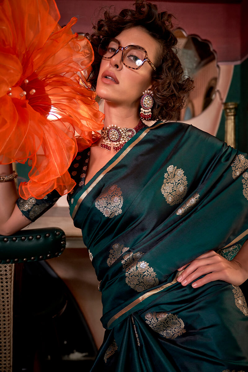 Stunning Dark Green Banarasi Satin Silk Saree With Precious Blouse