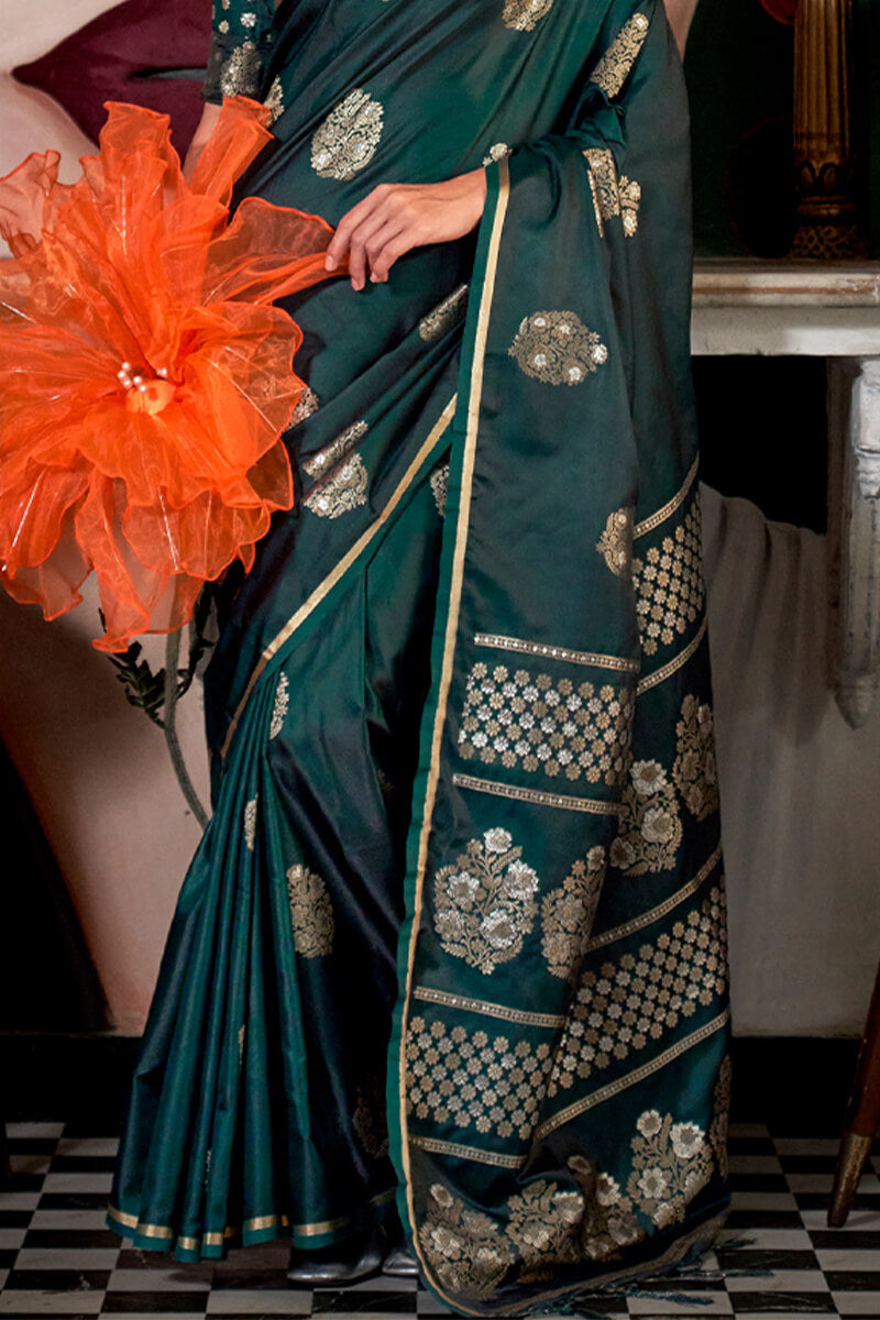 Stunning Dark Green Banarasi Satin Silk Saree With Precious Blouse