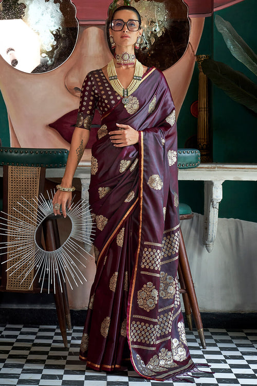 Load image into Gallery viewer, Gleaming Wine Banarasi Satin Silk Saree With Gorgeous Blouse
