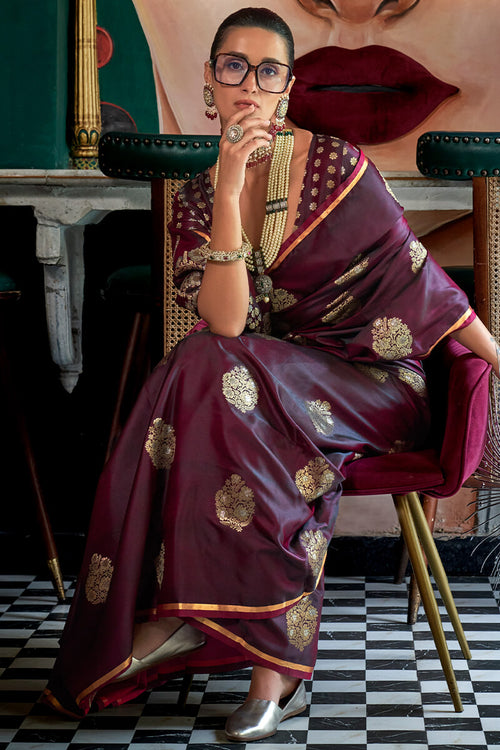 Load image into Gallery viewer, Gleaming Wine Banarasi Satin Silk Saree With Gorgeous Blouse
