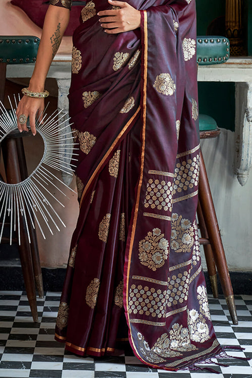 Load image into Gallery viewer, Gleaming Wine Banarasi Satin Silk Saree With Gorgeous Blouse
