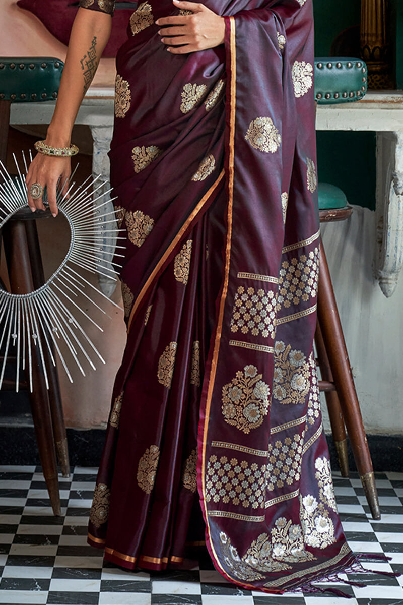 Gleaming Wine Banarasi Satin Silk Saree With Gorgeous Blouse