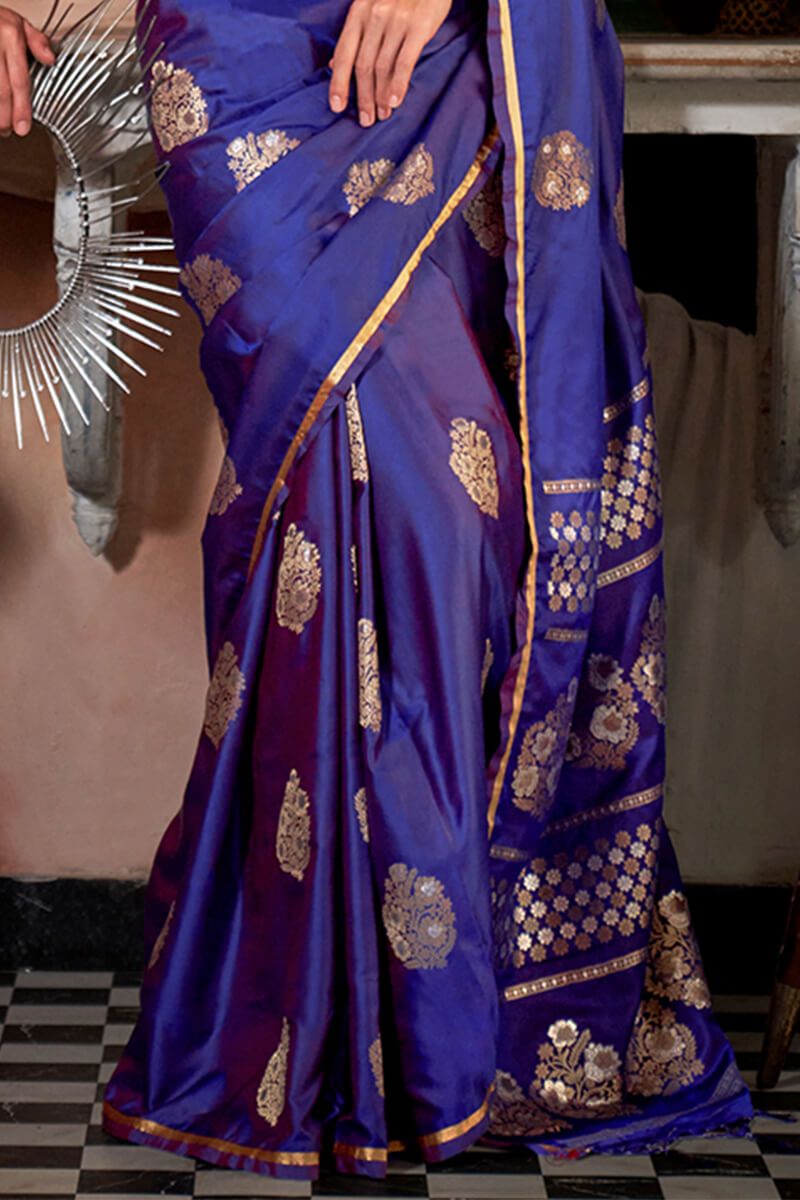 Adorning Royal Blue Banarasi Satin Silk Saree With Demanding Blouse