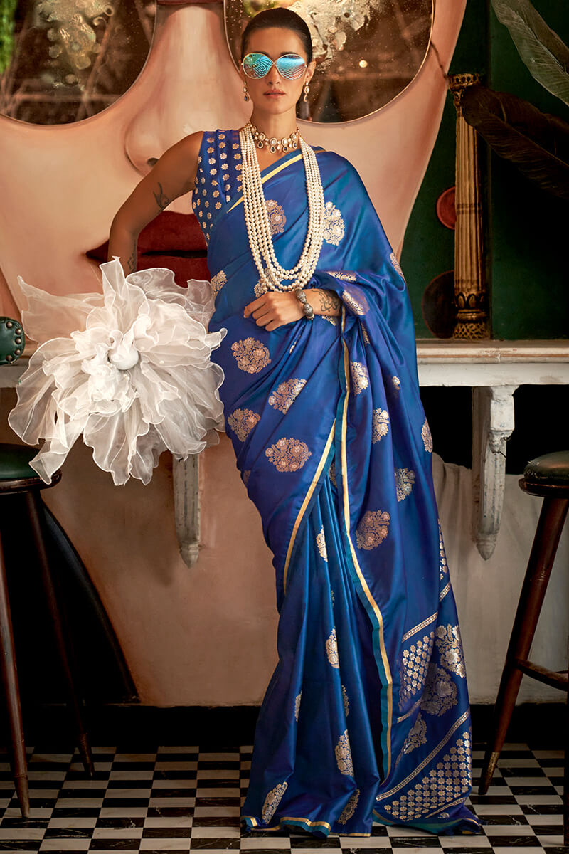 Adorable Blue Banarasi Satin Silk Saree With Exceptional Blouse