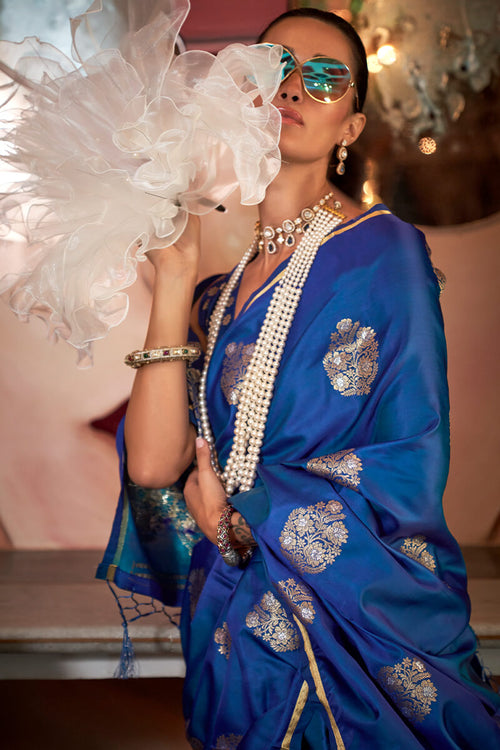 Load image into Gallery viewer, Adorable Blue Banarasi Satin Silk Saree With Exceptional Blouse
