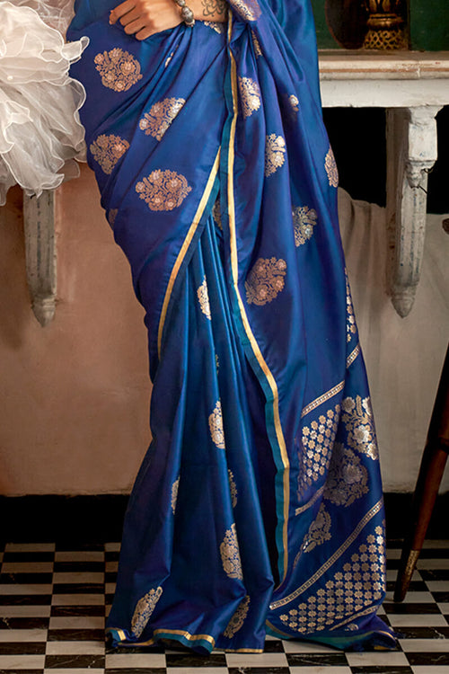 Load image into Gallery viewer, Adorable Blue Banarasi Satin Silk Saree With Exceptional Blouse
