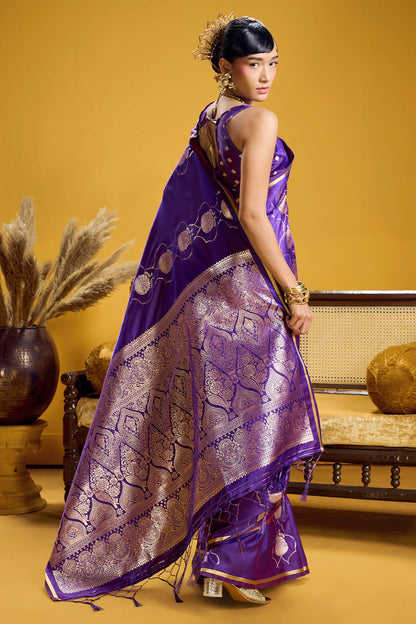 Desultory Purple Banarasi Satin Silk Saree With Imaginative Blouse