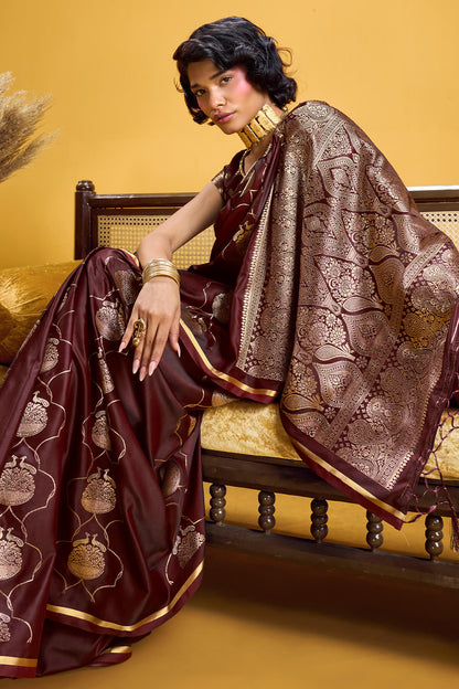Wonderful Brown Banarasi Satin Silk Saree With Pulsating Blouse