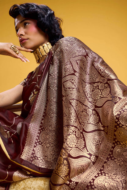 Wonderful Brown Banarasi Satin Silk Saree With Pulsating Blouse