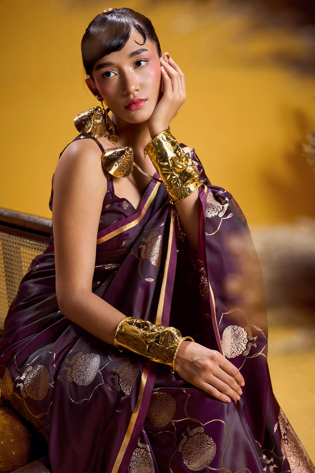 Trendy Wine Banarasi Satin Silk Saree With Scintilla Blouse