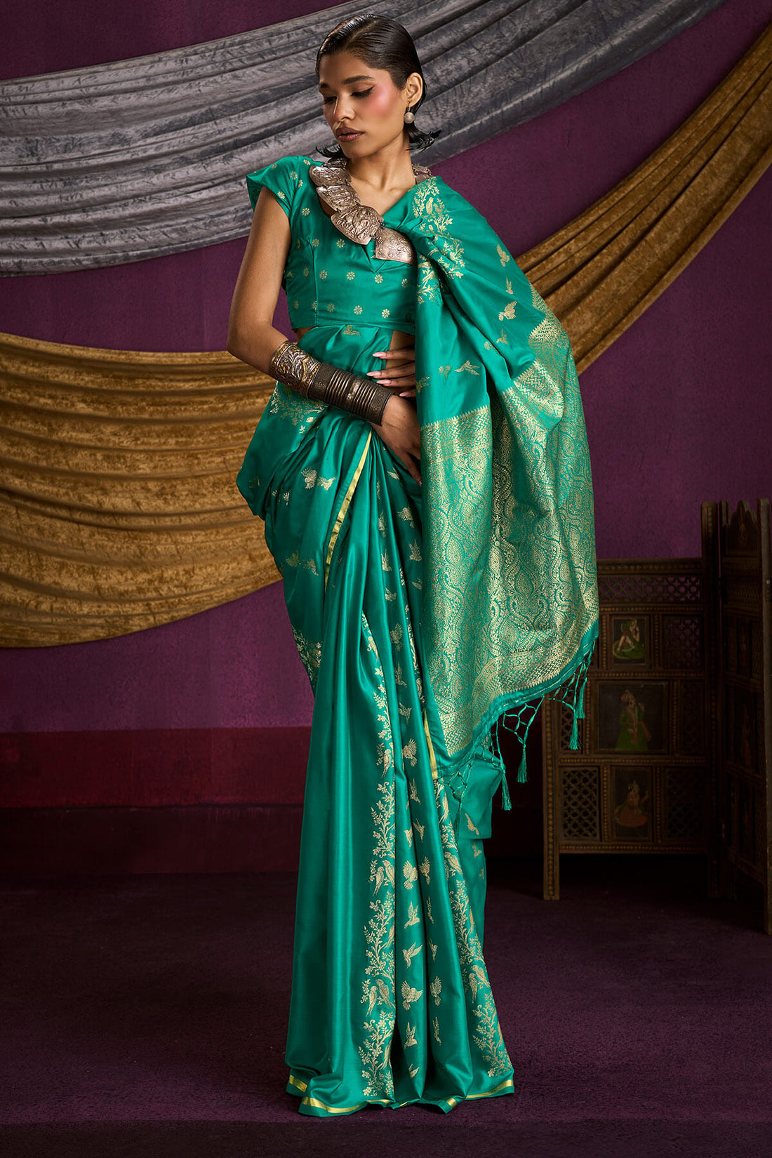 Incredible Sea Green Banarasi Satin Silk Saree With Lassitude Blouse