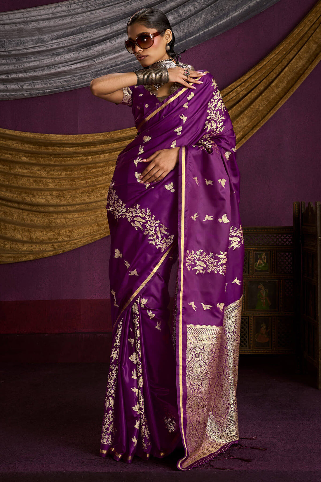 Gratifying Purple Banarasi Satin Silk Saree With Fragrant Blouse