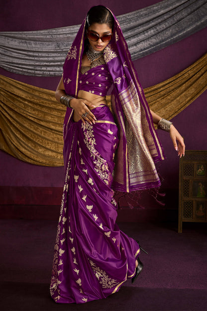 Gratifying Purple Banarasi Satin Silk Saree With Fragrant Blouse