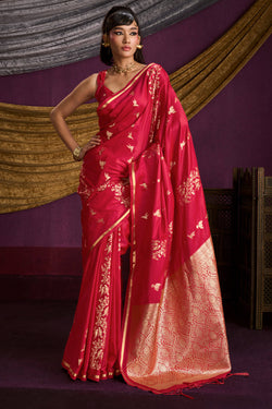 Luminous Red Banarasi Satin Silk Saree With Adorable Blouse
