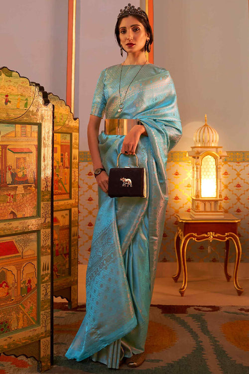 Load image into Gallery viewer, Breathtaking Firozi Kanjivaram Silk Saree With Hypnotic Blouse Piece
