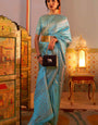 Breathtaking Firozi Kanjivaram Silk Saree With Hypnotic Blouse Piece