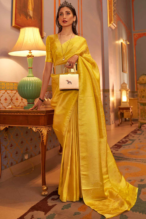 Load image into Gallery viewer, Blissful Yellow Kanjivaram Silk Saree With Stunner Blouse Piece
