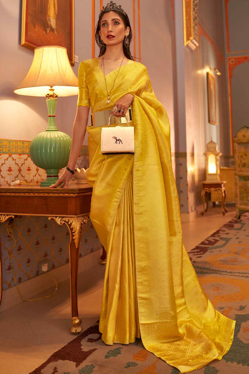 Blissful Yellow Kanjivaram Silk Saree With Stunner Blouse Piece