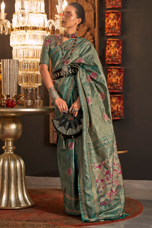 Load image into Gallery viewer, Adorable Rama Soft Banarasi Silk Saree With Delightful Blouse Piece
