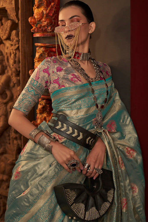 Load image into Gallery viewer, Adorable Rama Soft Banarasi Silk Saree With Delightful Blouse Piece
