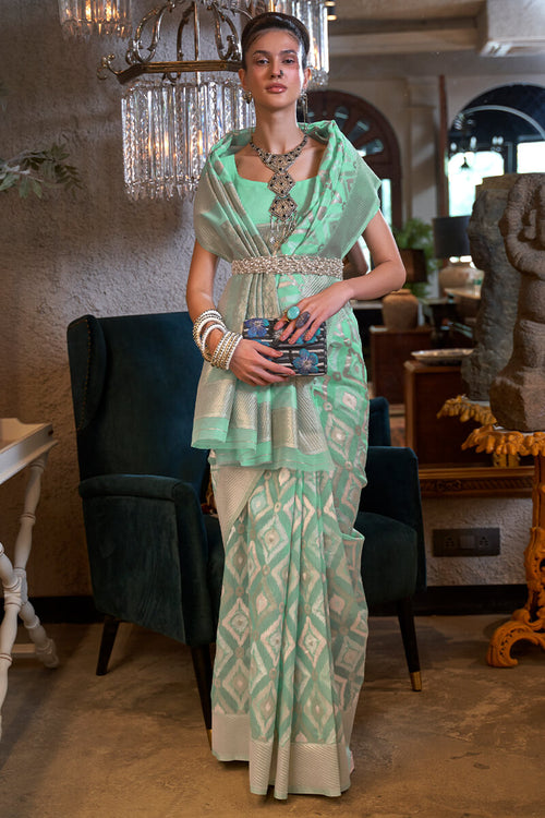 Load image into Gallery viewer, Flaunt Sea Green Cotton Silk Saree With Girlish Blouse Piece
