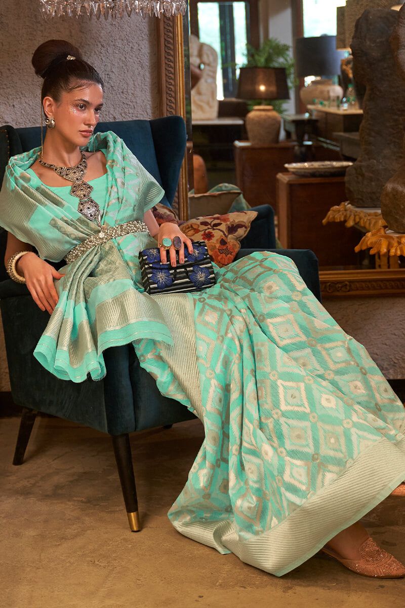Flaunt Sea Green Cotton Silk Saree With Girlish Blouse Piece