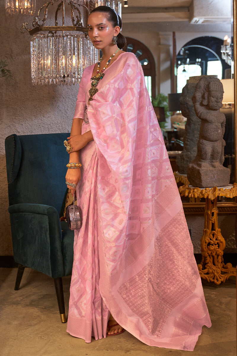 Designer Pink Cotton Silk Saree With Engrossing Blouse Piece