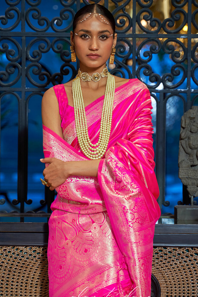 Diaphanous Dark Pink Soft Banarasi Silk Saree With Palimpsest Blouse Piece