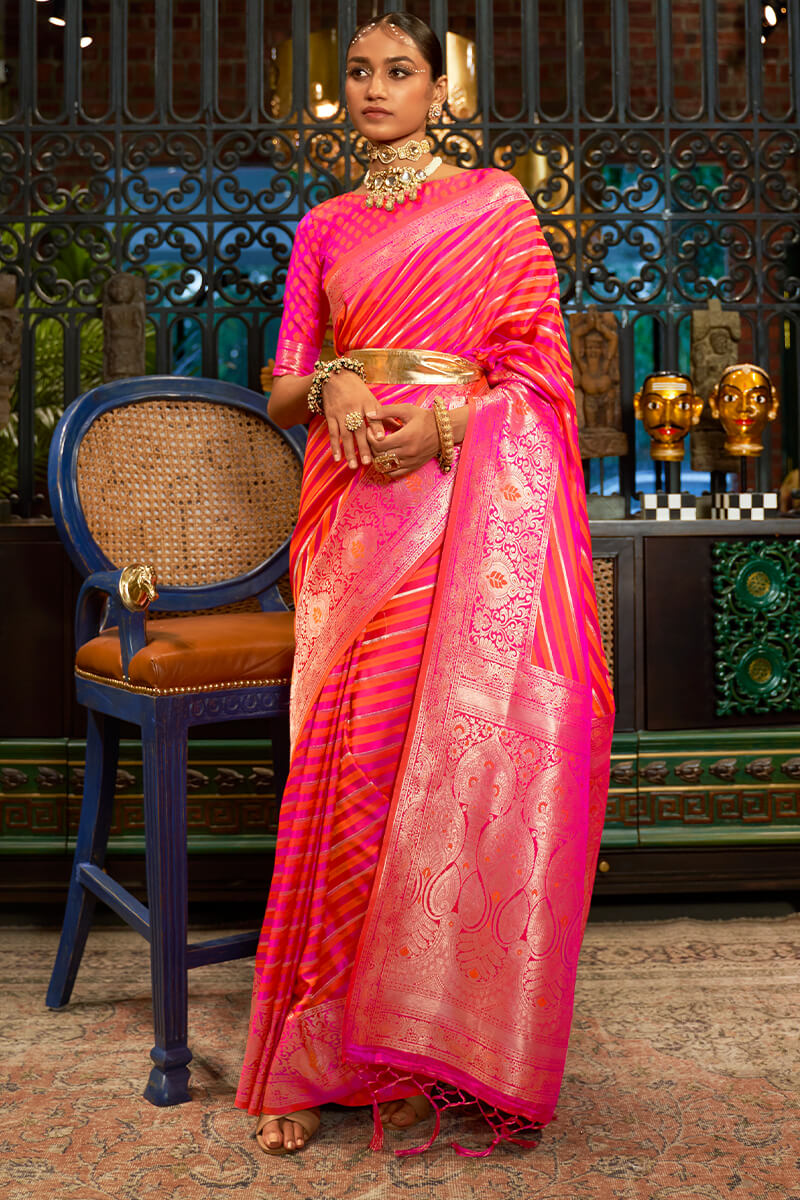 Supernal Pink Soft Banarasi Silk Saree With Confounding Blouse Piece