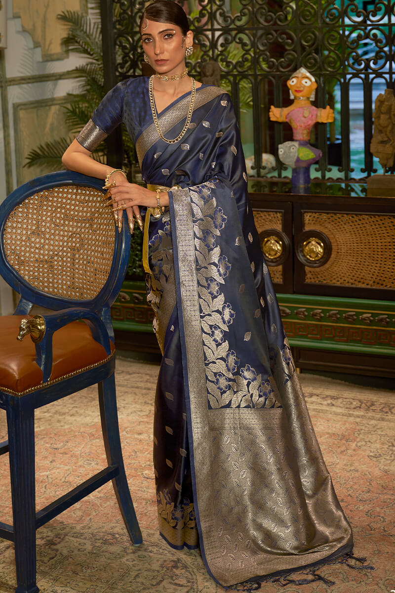 Fugacious Navy Blue Soft Banarasi Silk Saree With Desuetude Blouse Piece