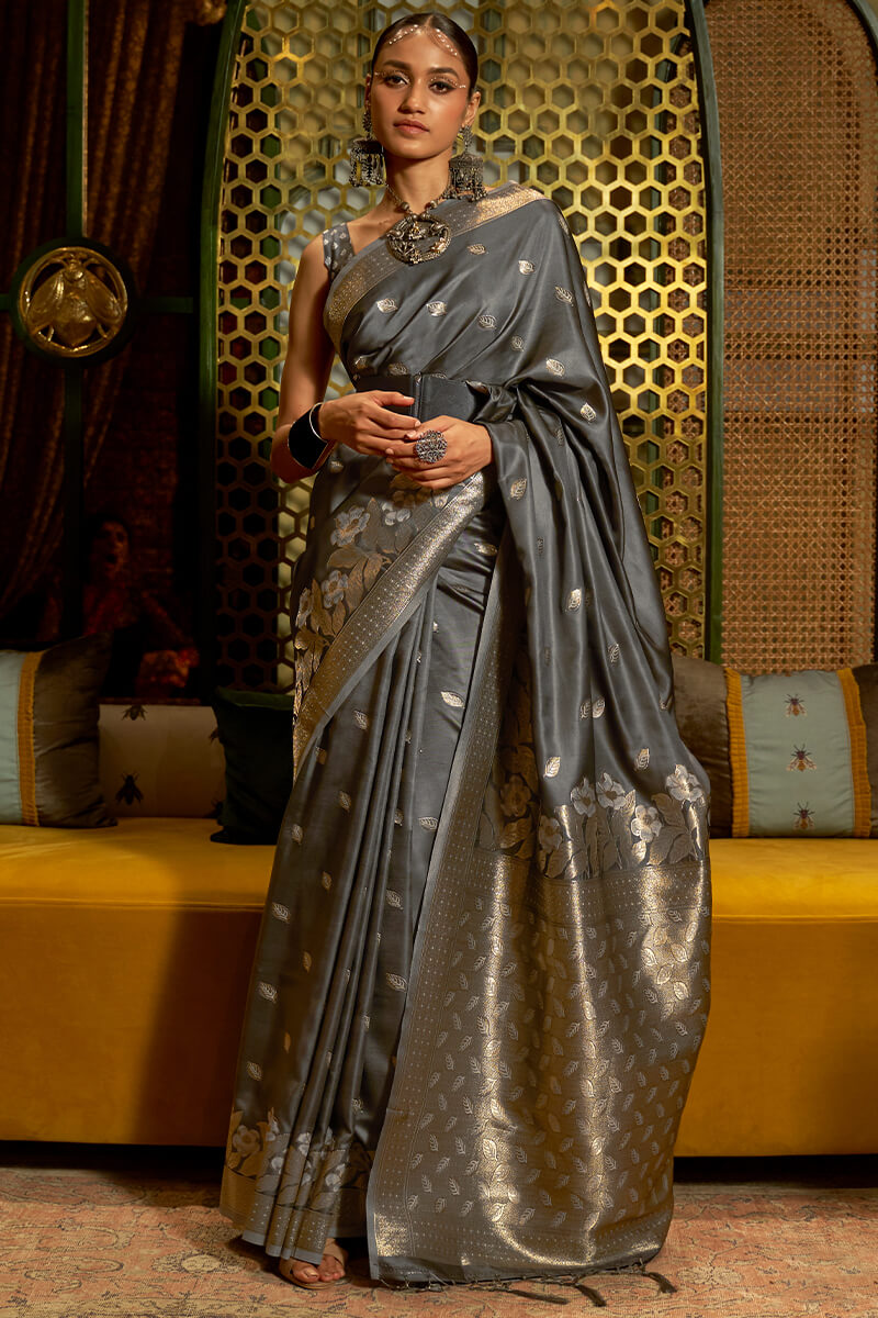 Twirling Grey Soft Banarasi Silk Saree With Delightful Blouse Piece