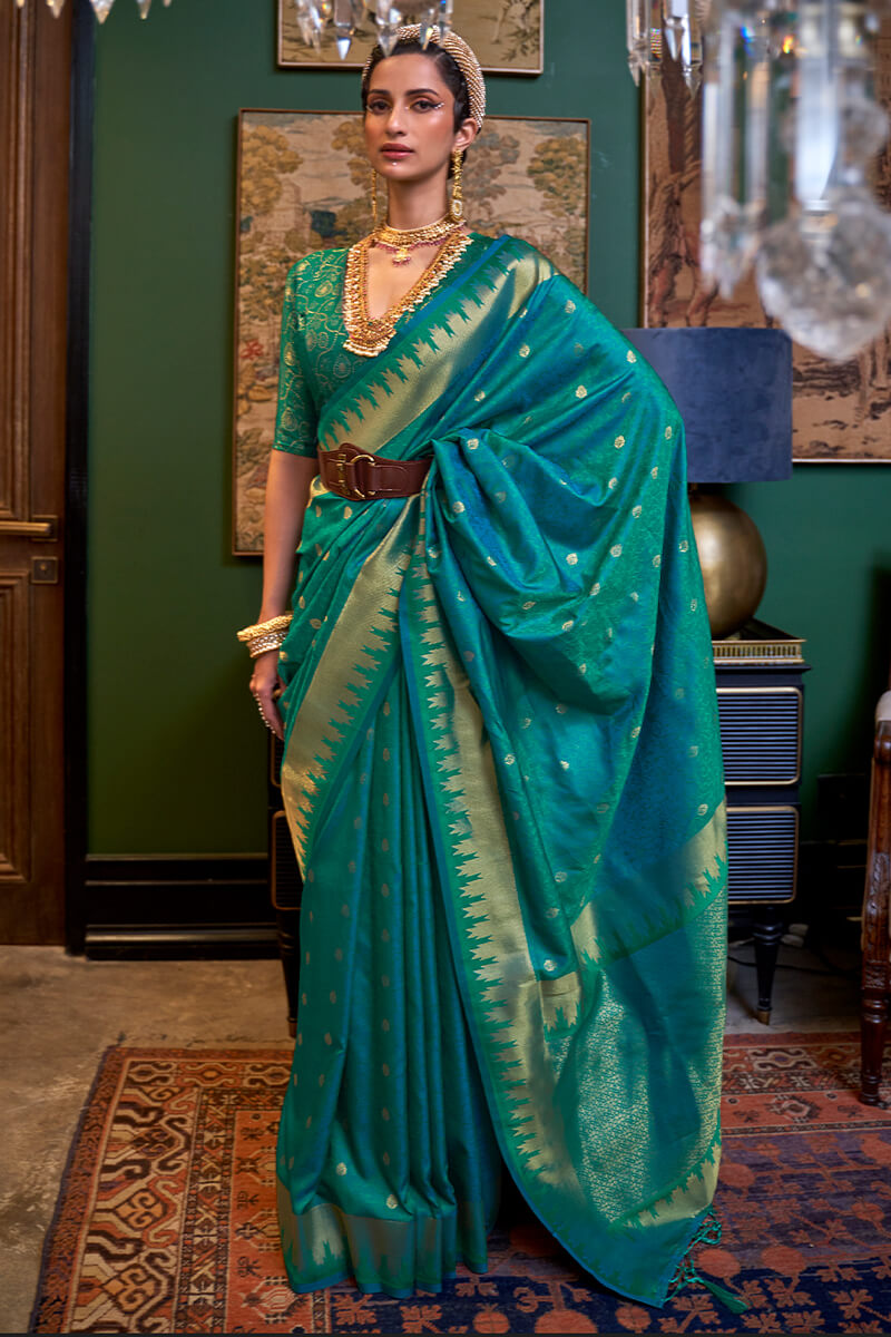 Angelic Rama Soft Banarasi Silk Saree With Bucolic Blouse Piece