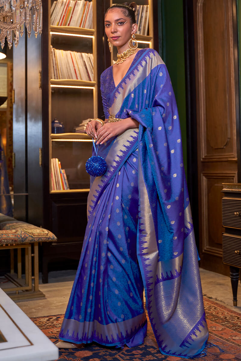 Snazzy Royal Blue Soft Banarasi Silk Saree With Exuberant Blouse Piece