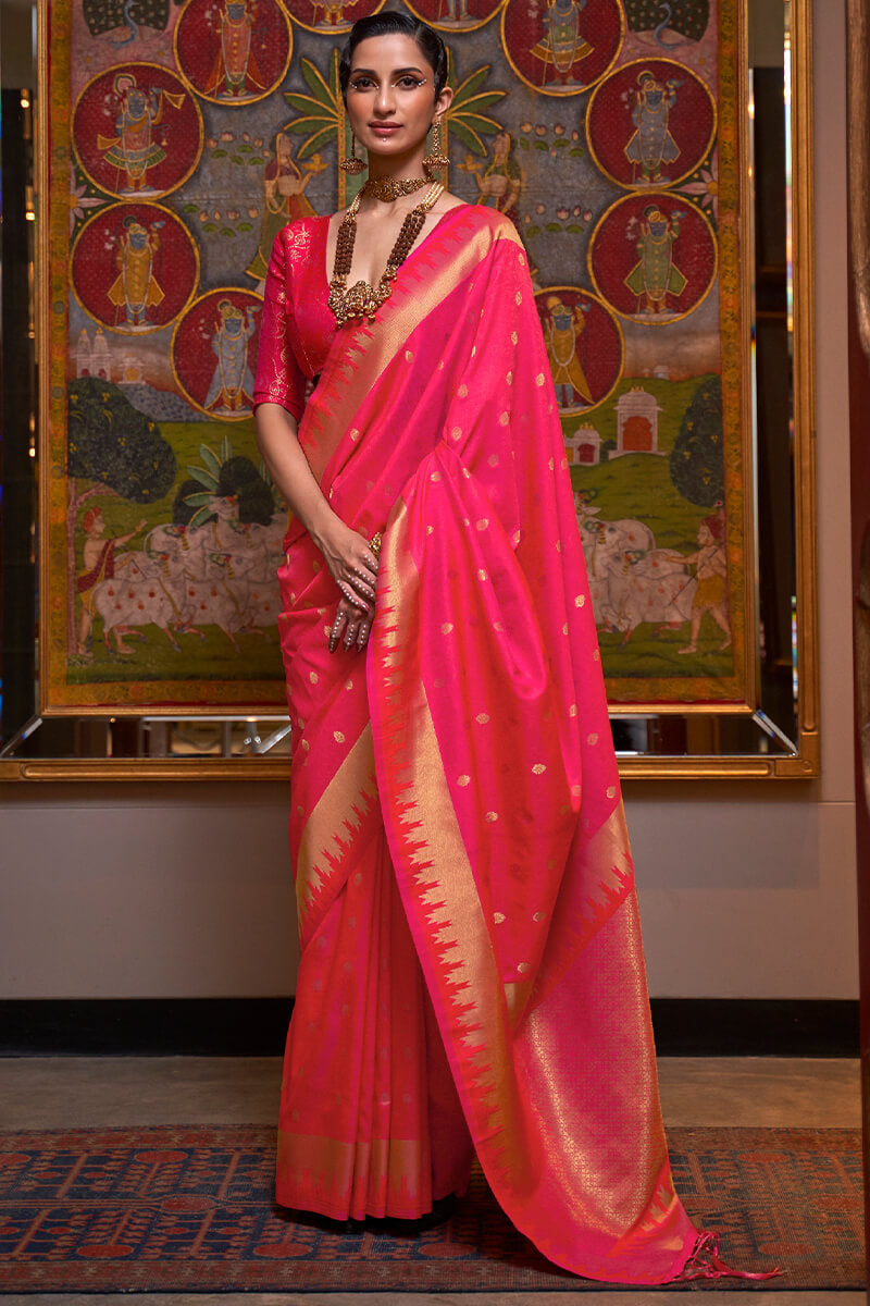 Tremendous Dark Pink Soft Banarasi Silk Saree With Luxuriant Blouse Piece