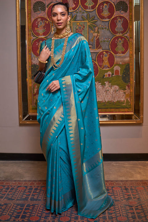 Load image into Gallery viewer, Seraglio Firozi Soft Banarasi Silk Saree With Palimpsest Blouse Piece
