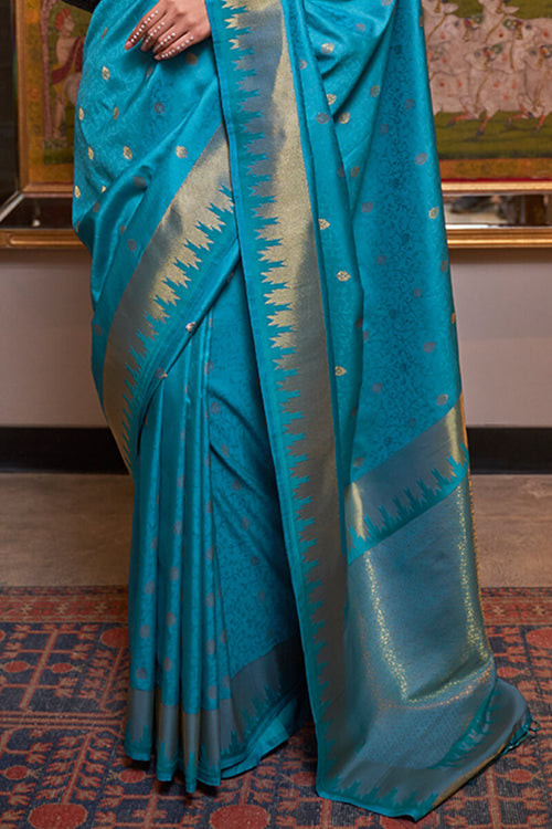 Load image into Gallery viewer, Seraglio Firozi Soft Banarasi Silk Saree With Palimpsest Blouse Piece
