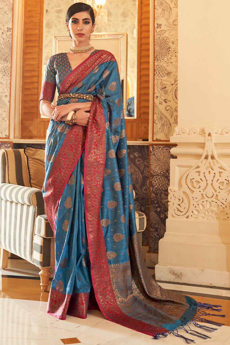 Mellifluous Blue Soft Banarasi Silk Saree With Scintilla Blouse Piece