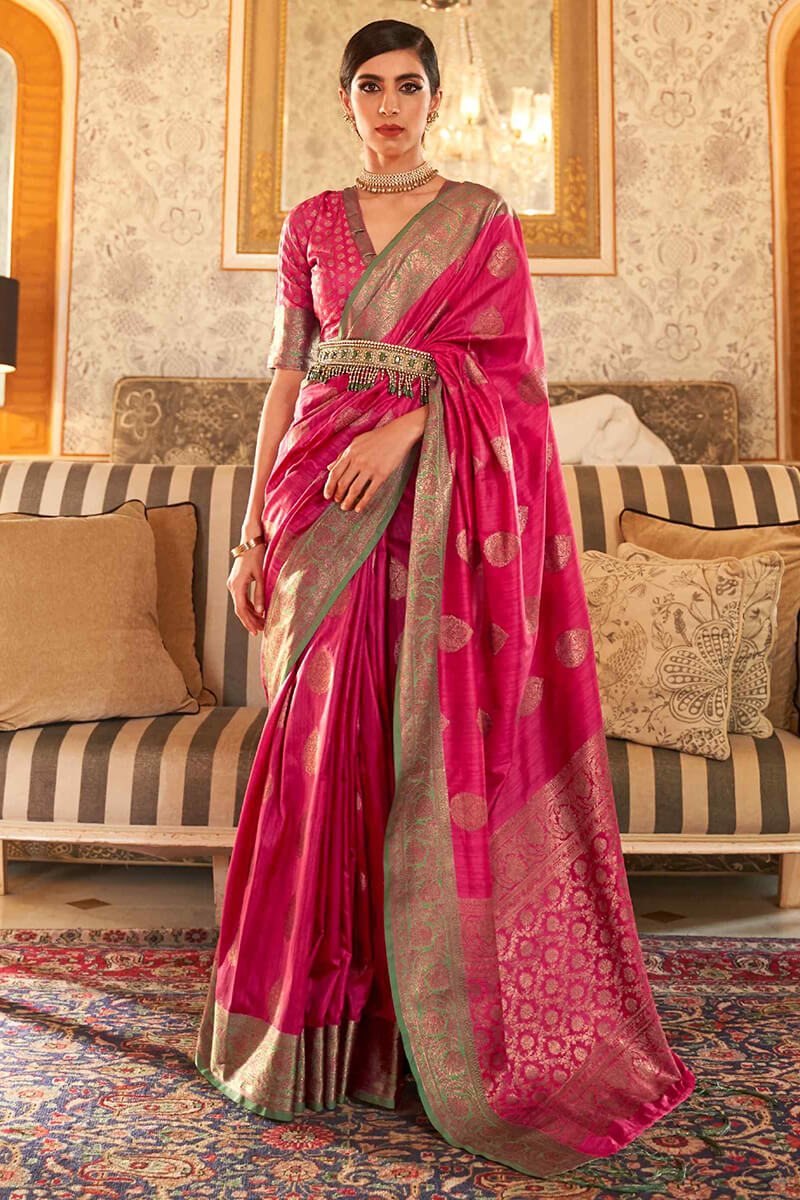 Magnetic Dark Pink Soft Banarasi Silk Saree With Smashing Blouse Piece