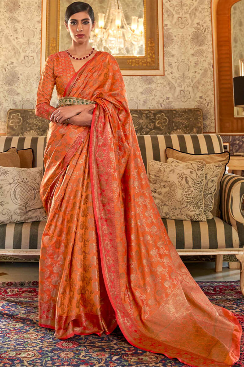 Gratifying Orange Soft Banarasi Silk Saree With Fantabulous Blouse Piece