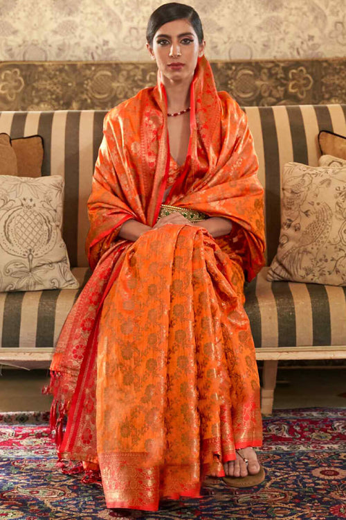 Load image into Gallery viewer, Gratifying Orange Soft Banarasi Silk Saree With Fantabulous Blouse Piece
