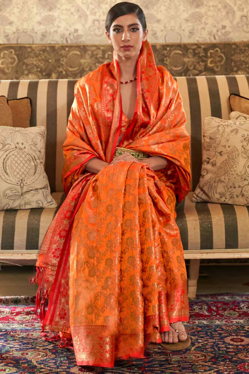 Gratifying Orange Soft Banarasi Silk Saree With Fantabulous Blouse Piece