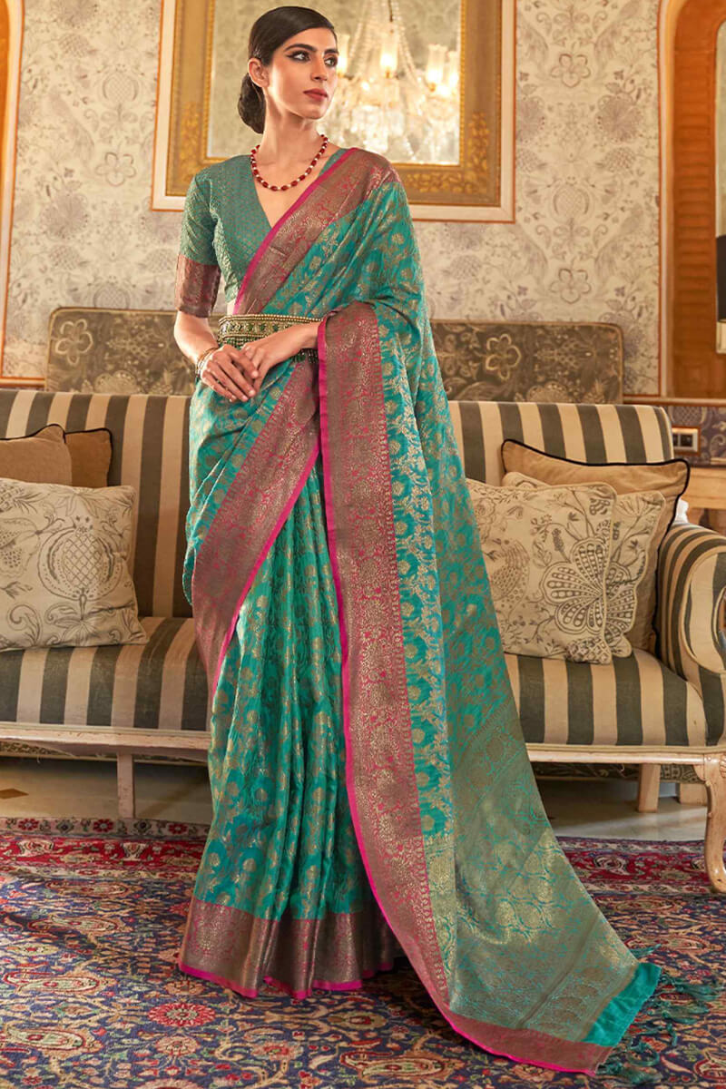 Profuse Rama Soft Banarasi Silk Saree With Tremendous Blouse Piece