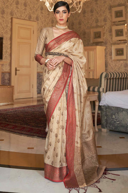 Load image into Gallery viewer, Vestigial Beige Soft Banarasi Silk Saree With Symmetrical Blouse Piece
