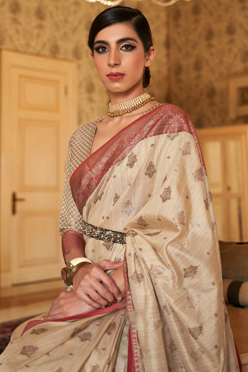Vestigial Beige Soft Banarasi Silk Saree With Symmetrical Blouse Piece