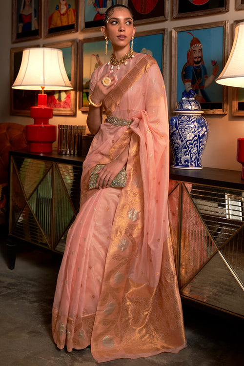 Load image into Gallery viewer, Lagniappe Peach Organza Silk Saree With Nemesis Blouse Piece

