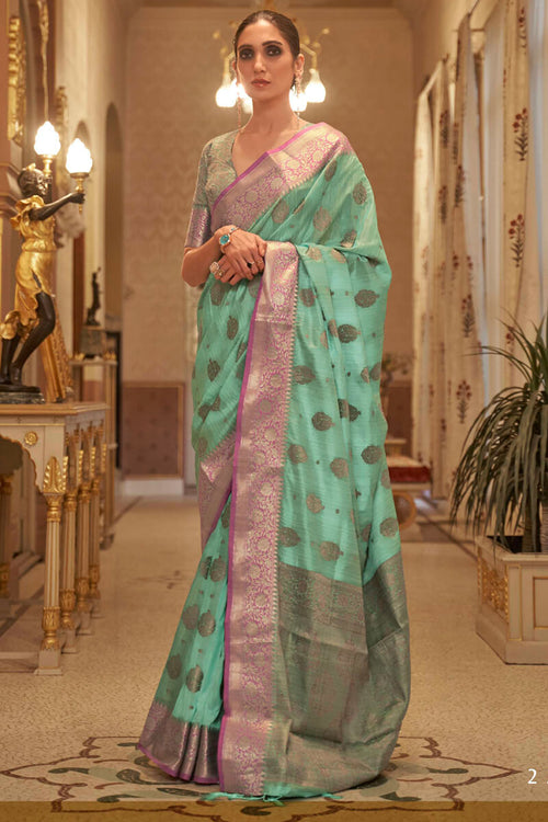 Load image into Gallery viewer, Lissome Sea Green Soft Banarasi Silk Saree With Ebullience Blouse Piece
