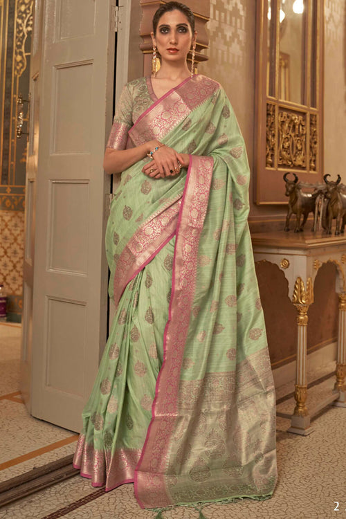 Load image into Gallery viewer, Twirling Pista Soft Banarasi Silk Saree With Blissful Blouse Piece
