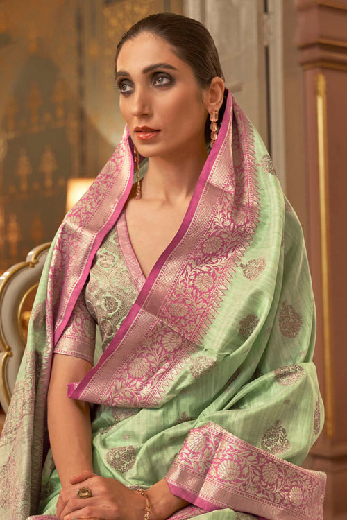 Load image into Gallery viewer, Twirling Pista Soft Banarasi Silk Saree With Blissful Blouse Piece
