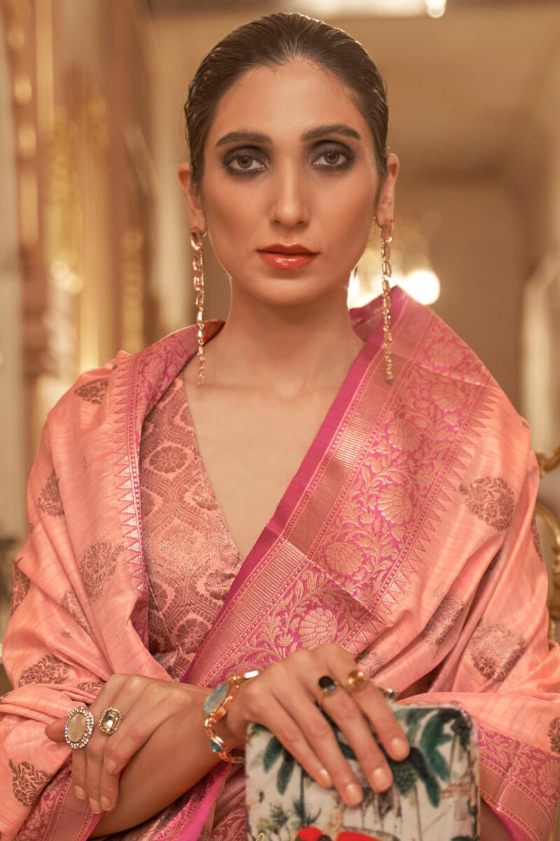 Innovative Baby Pink Soft Banarasi Silk Saree With Flaunt Blouse Piece