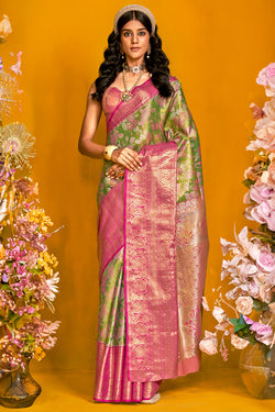 Ratatouille Green Kanjivaram Silk Saree With Engrossing Blouse Piece
